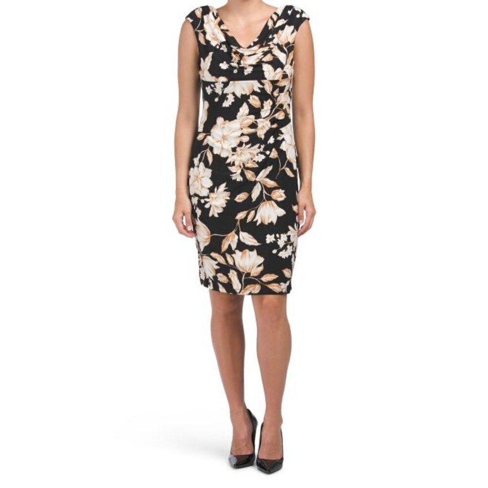 Anne Klein Womens Black Tan Floral Cowl Neck Sheath Dress Sz 10 New